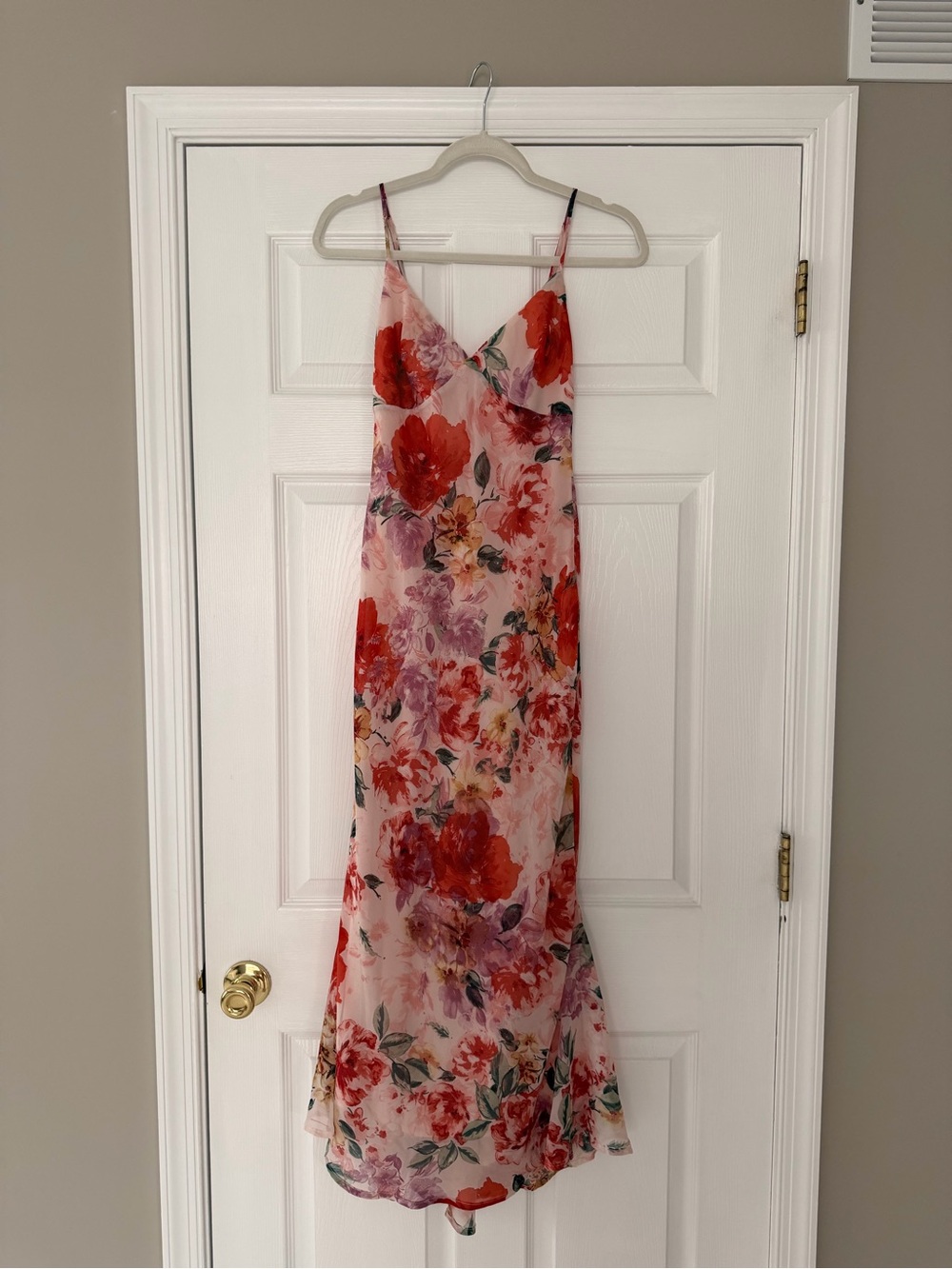 If By Sea Floral Pink Midi Slip Dress with Red Bloom Print